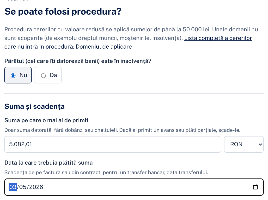 Primul ecran: insolvența, suma și scadența