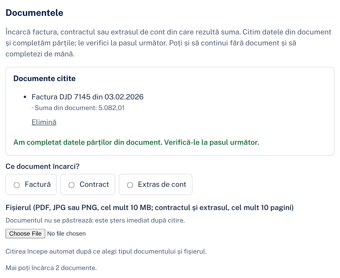 Documentele: o factură citită și lista documentelor