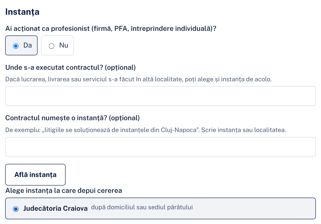 Instanța: întrebările și judecătoria propusă