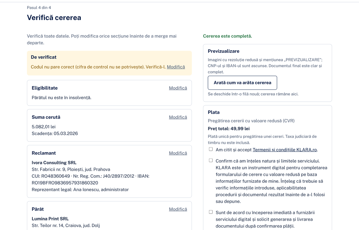 Verifică cererea: rezumatul, caseta De verificat, previzualizarea și plata