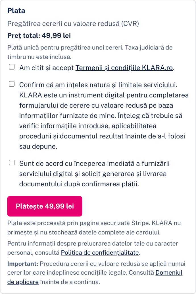 Plata: cele trei casete și butonul de plată